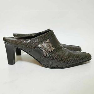 Brighton Womens 7.5 Rhyme Mule Stacked Heel Black Snakeskin Pattern Slip On